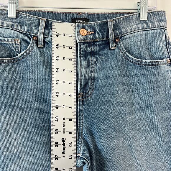 Express Medium Wash Rigid Denim Mid Rise Baggy Bootcut Jeans Womens 8 - Picture 12 of 14
